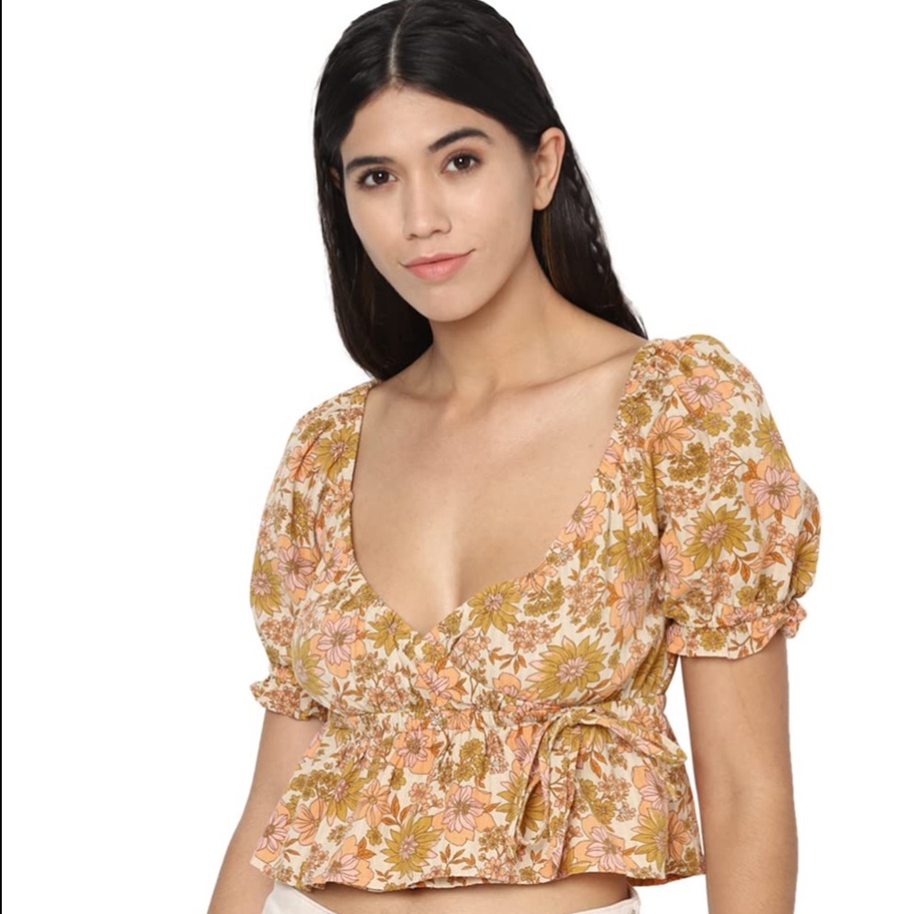 American Eagle Funky 70s Floral Linen Crop Top Puff Sleeves Small NWOT